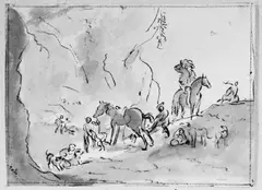 Dirck Stoop, FELSENLANDSCHAFT MIT REITERN, EINEM PISSENDEN PFERD, PERSONEN UND HUNDEN., Verso: drei Skizzen von Hunden in verschiedenen Stellungen (Kreide in Schwarz)