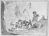 Dirck Stoop, FELSENLANDSCHAFT MIT REITERN, EINEM PISSENDEN PFERD, PERSONEN UND HUNDEN., Verso: drei Skizzen von Hunden in verschiedenen Stellungen (Kreide in Schwarz)