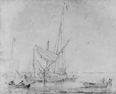 Willem van de Velde the Elder, EINE BRIGG UND KLEINERE BOOTE BEI WINDSTILLE., Kreide in Schwarz und Feder in Sepia auf blaugrauem Papier