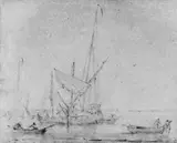 Willem van de Velde the Elder, EINE BRIGG UND KLEINERE BOOTE BEI WINDSTILLE., Kreide in Schwarz und Feder in Sepia auf blaugrauem Papier