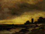 Georges Michel, ABENDLICHE MONTMARTRELANDSCHAFT MIT HEIMKEHRENDEM BAUERNGEFÄHRT UND WINDMÜHLE.
