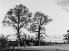 Theo Champion, Landschaft mit Bäuerin und Rind, Gouache