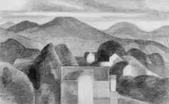 Otto Coenen, Landschaft mit Häusern (Oberkassel), Graphitzeichnung auf elfenbeinfarbenem festen Zeichenpapier
