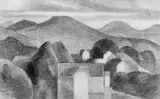 Otto Coenen, Landschaft mit Häusern (Oberkassel), Graphitzeichnung auf elfenbeinfarbenem festen Zeichenpapier
