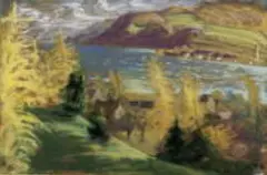 Bodensee - Herbstlandschaft by Otto Dix, Pastell auf blaugrünem Büttenpapier 31,2/31,6 cm x 47,5 cm, unter Glas gerahmt, sold Dec 2002