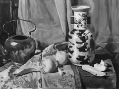 Carl Ederer, Obststilleben mit Porzellanvase und Messingkanne, Öl auf Leinwand
