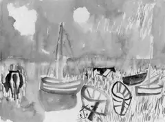Boote am Strand by Werner Gilles, Aquarell auf leichtem elfenbeinfarbenen Bütten mit Wasserzeichen "INGRES", sold Dec 2002