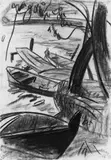 Otto Herbig, Boote unter Bäumen, Farbkreidezeichnung in Braun und Schwarz, teils gewischt, auf elfenbeinfarbenem Bütten
