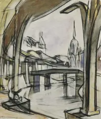 Anton Kerschbaumer, Bahnhof Hallesches Tor mit Möckernbrücke und Johanniter-Kirche, Tuschpinselzeichnung und Aquarell auf Velin