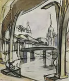 Anton Kerschbaumer, Bahnhof Hallesches Tor mit Möckernbrücke und Johanniter-Kirche, Tuschpinselzeichnung und Aquarell auf Velin