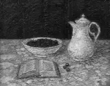 Medardus Kruchen, Stilleben mit Kirschen, Kaffeetopf und aufgeschlagenem Buch, Öl auf Leinwand