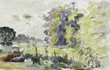 Landschaft mit Bäumen by Comte Emanuel Victor Auguste Marie de La Villéon, Aquarell und Bleistift auf Velin, sold Dec 2002