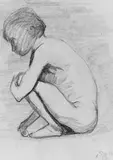 Paula Modersohn-Becker, Hockendes Mädchen (Akt), Graphitzeichnung auf elfenbeinfarbenem festen Zeichenpapier