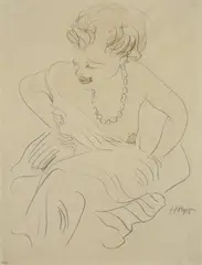 Dame mit Perlenkette by Max Pechstein, Bleistiftzeichnung, rot aquarelliert, auf bräunlichem holzhaltigen Zeichenpapier, sold Dec 2002