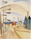 Karl Schmidt-Rottluff, Straße mit Schuppen und Bäumen