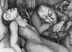 Marta Worringer, Fastnacht, Federzeichnung auf bräunlichem Zeichenpapier