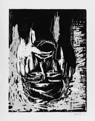Ohne Titel by Georg Baselitz, Original-Holzschnitt in Schwarz und Rotbraun auf glattem Papier, sold Dec 2002
