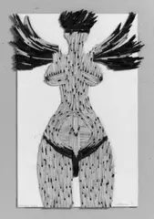 Al Hansen, Black Dildo Valkyr, Streichholzcollage auf elfenbeinfarbenem, leicht genarbten Karton