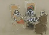 Alfred Hrdlicka, "Il Puttino" besiegt Lopez im Beisein Philipp II, Farbkreide und Kohle auf braunem Bütten mit Wasserzeichen