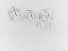 Sessel by Maria Lassnig, Bleistiftzeichnung auf chamoisfarbenem Papier, sold Dec 2002