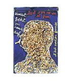 Ben Vautier, Kunst geht in Rauch auf. L'art s'en va en el fum. L'art part en fumée, Collage aus Zigarettenresten, Tabak und Streichhölzern auf zweiteiliger, blau-schwarz bemalter Holzplatte, insgesamt