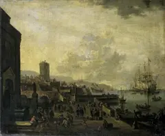 Pieter Bout, SÜDLICHER SEEHAFEN MIT REICHER FIGURENSTAFFAGE., Öl auf Leinwand