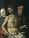 Werkstatt Jacopo Bellini, DER TOTE CHRISTUS VON SEINER MUTTER UND DEM APOSTEL PETRUS GEHALTEN., Öl auf Holz