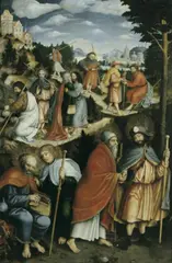 Central German School, DER AUFERSTANDENE CHRISTUS SICH VON DEN ELF APOSTELN VERABSCHIEDEND., Öl auf Holz