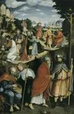 Central German School, DER AUFERSTANDENE CHRISTUS SICH VON DEN ELF APOSTELN VERABSCHIEDEND., Öl auf Holz