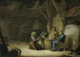 Hendrick Martensz Sorgh, SCHEUNENINTERIEUR MIT VIER UM EIN FASS SITZENDEN PERSONEN., Öl auf Holz
