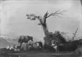 Frans Swagers, LANDSCHAFT MIT LAGERNDEM VIEH VOR EINEM BAUMSTUMPF., Öl auf Holz