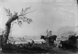 Frans Swagers, LANDSCHAFT MIT LAGERNDEM VIEH UND JUNGER HIRTIN., Öl auf Holz