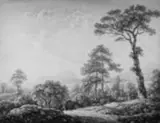 Umkreis Jacob Philipp Hackert, SÜDLICHE LANDSCHAFT MIT HIRTENSTAFFAGE., Feder, braun laviert, mit zweifacher Tuschlinie in Schwarz umrandet, auf Papier, aufgezogen
