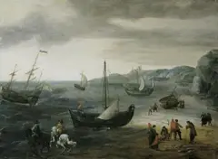 Abraham Willaerts, KÜSTENLANDSCHAFT MIT REICHER FIGURENSTAFFAGE., Öl auf Holz (parkettiert)