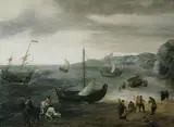 Abraham Willaerts, KÜSTENLANDSCHAFT MIT REICHER FIGURENSTAFFAGE., Öl auf Holz (parkettiert)