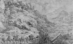 Joos de Momper, WEITE GEBIRGSLANDSCHAFT MIT REITERN., Rötel auf Papier