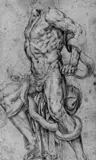 Roman School, LAOKOON (verso Studie nach einer Statue der Caritas)., Feder in Sepia und schwarze Kreide auf Haderpapier