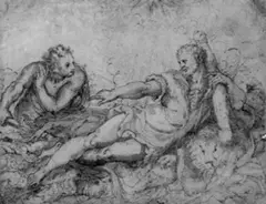 zugeschrieben Lambert Sustris, HERKULES AUF DEM SCHEITERHAUFEN., Feder in Braun, braun laviert und weiß gehöht, auf bräunlichem Papier
