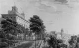 Pierre-Anne Dedreux, BLICK AUF DIE VILLA MEDICI IN ROM., Bleistift, braun laviert, auf Papier, alt montiert (unter Glas gerahmt)