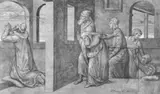 Friedrich von Olivier, DANIELS GEBET (Buch Daniel, 6, 11-16)., Sepia, weiß gehöht, mit schwarzer Tuschlinie umrandet, auf blauem Papier