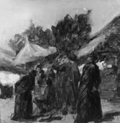 Isidor Kaufmann, DORFPLATZ MIT RABBINERN (Ölstudie)., Öl auf Karton