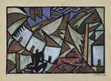 Sándor Bortnyik, Landschaft mit Häusern und Pferd, 1918, Gouache and brush and India ink on chamois-coloured, slightly ribbed paper