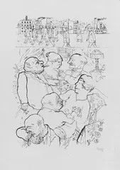 George Grosz, Im Schatten. 9 Lithos von George Grosz, Mit 10 Fotolithographien nach Zeichnungen (davon eine auf der Titelseite) auf schwerem handgeschöpften Velin. Einzeln signiert. Exemplar 10. Eine von 15 Mappen der Ausgabe B aus einer Gesamtauflage von 100 Exemplaren. Lose in Orig.-Halbledermappe