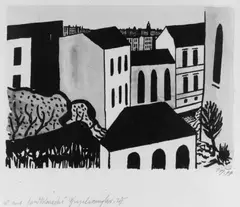 Werner Heldt, Häuser, Original-Lithographie, handkoloriert auf festem chamoisfarbenen Papier