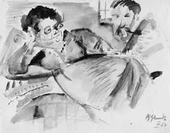 Hermann Baptist Hundt, Figürlich Szene (Johanna "Mutter" Ey und Besucher), Aquarell auf elfenbeinfarbenem Zeichenpapier