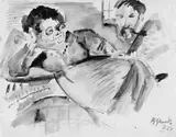 Hermann Baptist Hundt, Figürlich Szene (Johanna "Mutter" Ey und Besucher), Aquarell auf elfenbeinfarbenem Zeichenpapier