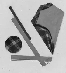 Lajos Kassák, Rote Formen, Bleistift, Tusche und Collage aus bedruckten Papieren auf braunem Karton