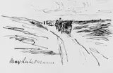 Max Liebermann, Pferdewagen in den Dünen, Tuschfederzeichnung auf festem Papier mit Leinenstruktur