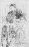 Max Liebermann, Bildnis einer Frau im Lesestuhl, Bleistiftzeichnung auf der Rückseite der Hälfte eines maschinengeschriebenen Briefes mit Mittelfalz