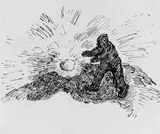 Wilhelm Morgner, Schreitender in der Landschaft, Tuschfederzeichnung auf leicht genarbtem, elfenbeinfarbenem Papier